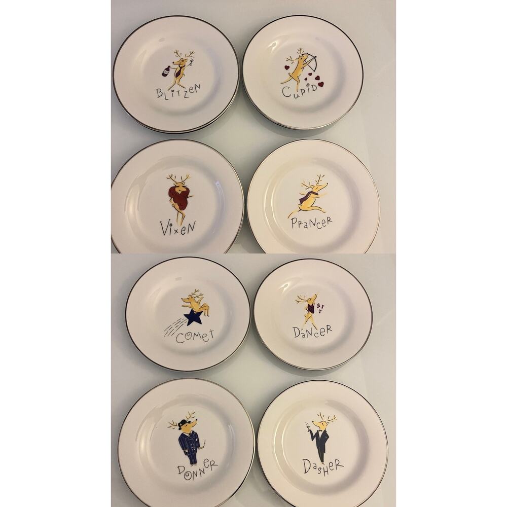 Pottery Barn Set of 8 Reindeer Dessert Salad Plates 8.5" Silver Rim Complete Set